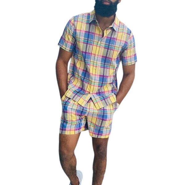 Men's Plaid Print Short Sleeve Shirt and Shorts Set 53268699Y