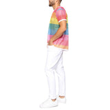Men's Casual Rainbow Striped Round Neck Grid Hollow Short Sleeve T-Shirt 03917254M