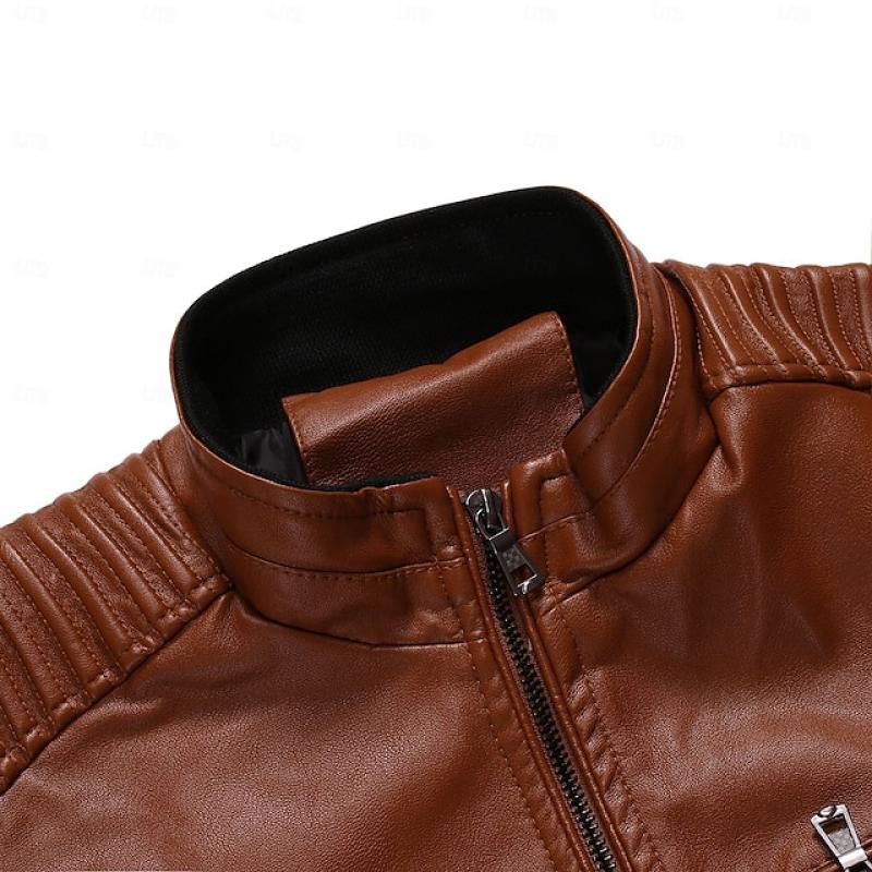 Men's Casual Stand Collar Zippered Chest Pocket Motorcycle Leather Jacket 46350057Y