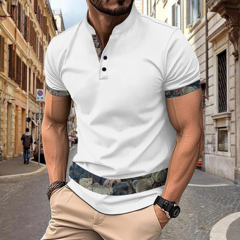 Men's Casual Waffle Stand Collar Patchwork Short-sleeved T-shirt 68823593M
