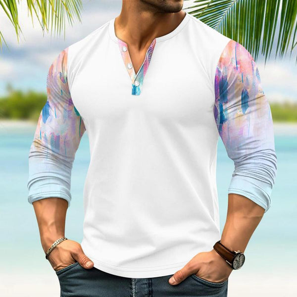 Men's Printed Stitching Henley Collar Long Sleeve T-shirt 93327271Z