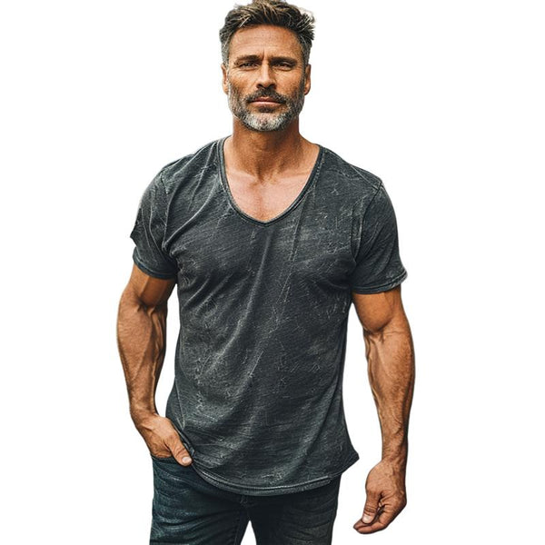 Men's Retro Print V-Neck Short Sleeve T-Shirt 98002854X