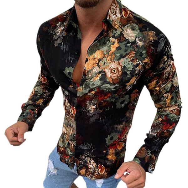 Men's Retro Casual Floral Lapel Long Sleeve Shirt 57595566TO