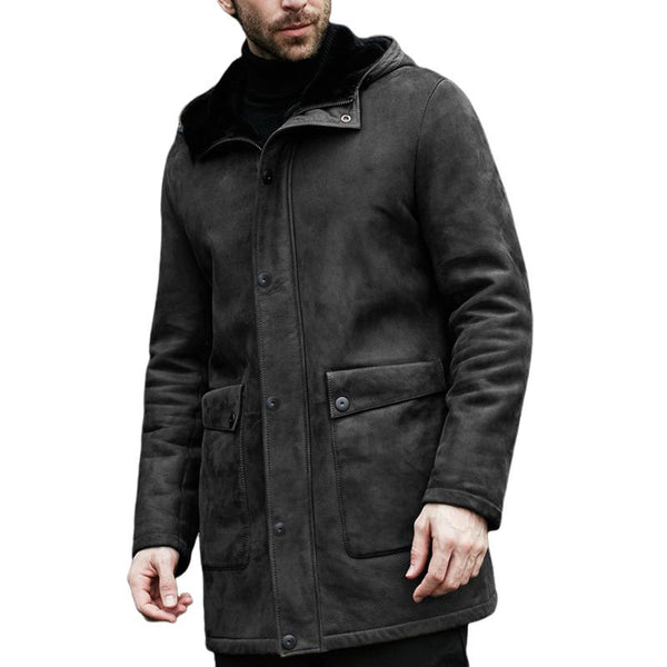 Men's Plush Suede Hooede Single Breasted Mid-length Coat 12907657Z