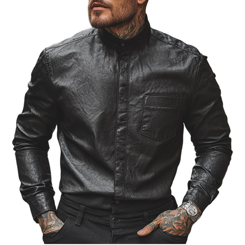 Men's Classic Versatile Stand-up Collar Long-sleeved Leather Shirt 11206100F