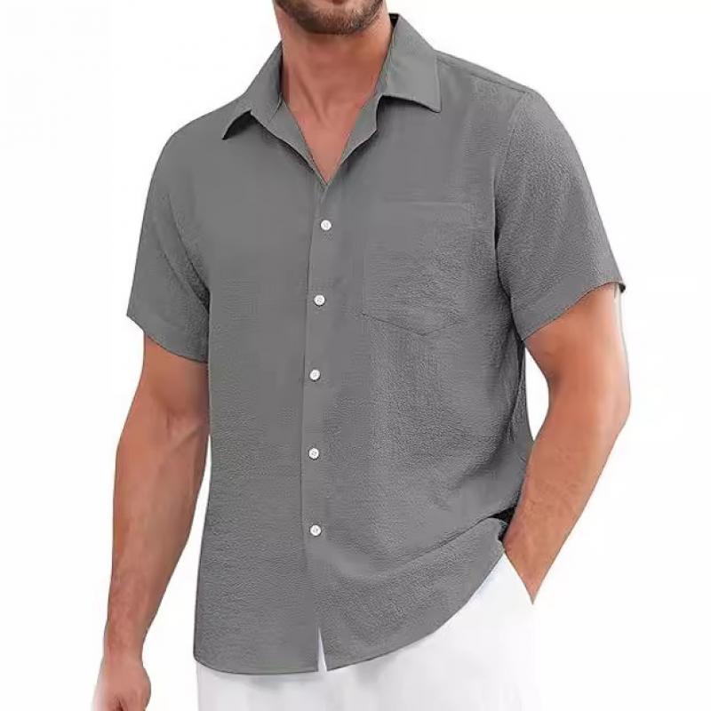 Men's Lapel Pocket Solid Color Short Sleeve Shirt 91974228Y