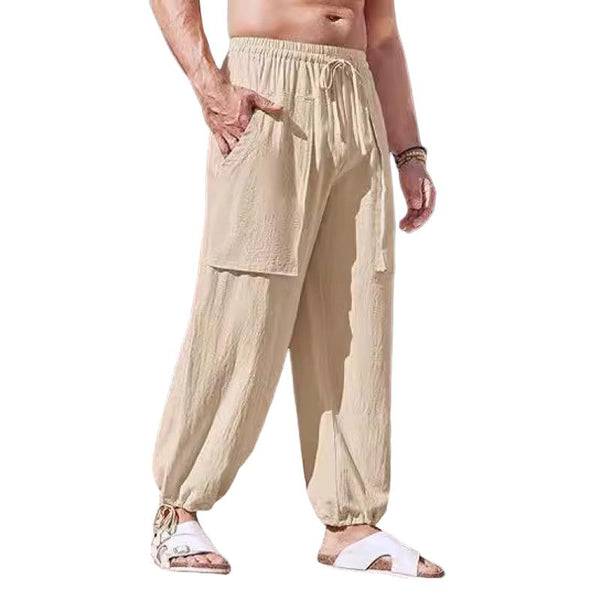 Men's Solid Cotton And Linen Loose Elastic Waist Casual Pants 77757793Z