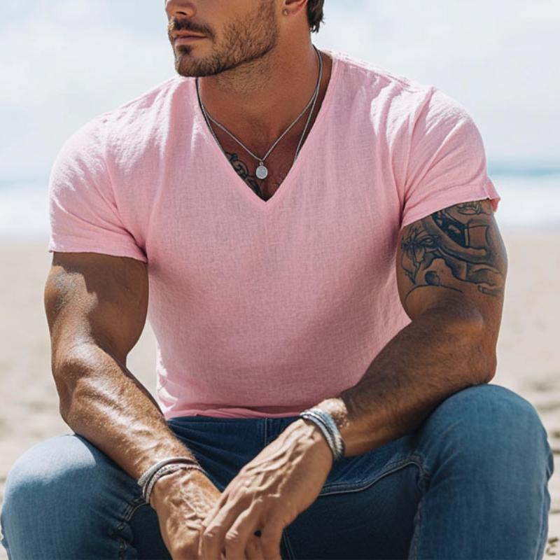 Men's Casual Cotton Linen V-neck Slim Short-sleeved T-shirt 60668034M