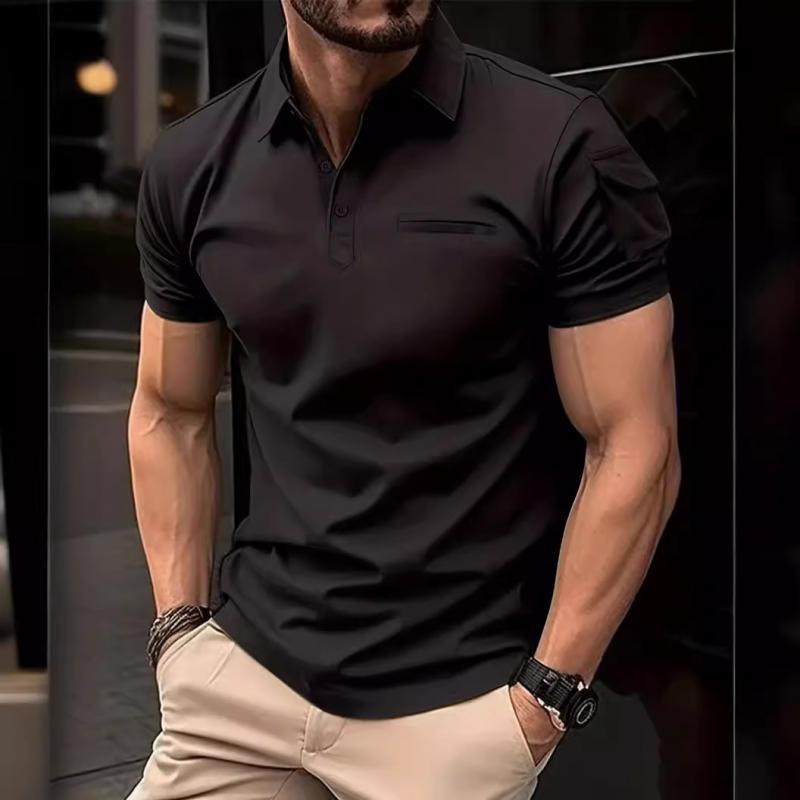 Men's Solid Sleeve Pocket Lapel Short Sleeve Polo Shirt 97034566Z