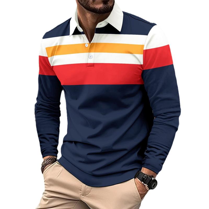 Men's Retro Striped Colorblock Button Lapel Long Sleeve Polo Shirt 29370142Y