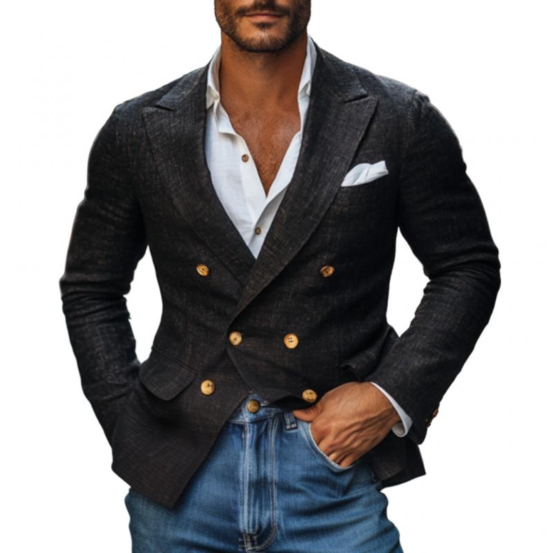 Men's Vintage Cotton Linen Peaked Lapel Double-Breasted Slim-Fit Blazer 29194587M