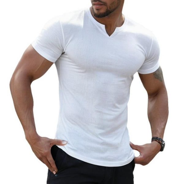 Men's Casual Solid Color V-Neck Stretch Tight Short-Sleeved T-Shirt 08660555M