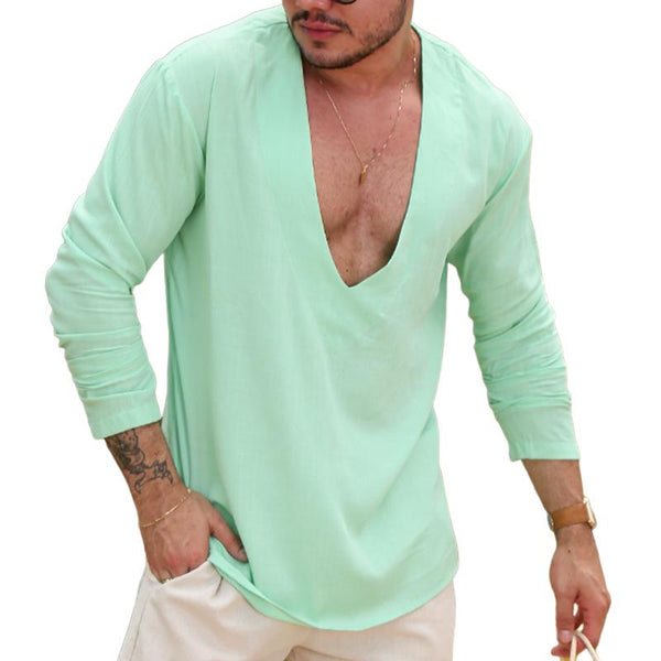 Men's Solid Color V Neck Long Sleeve T-shirt 37942877Z