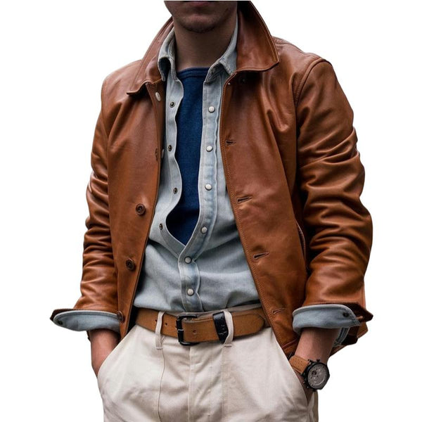 Men's Vintage Solid Color Lapel Single Breasted Leather Jacket 30114713Y