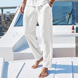 Men's Solid Loose Elastic Waist Cotton Linen Casual Trousers 71059943Z
