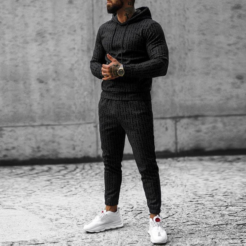 Men's Print Slim Hoodie And Trousers Sports Casual Set 37079782Z