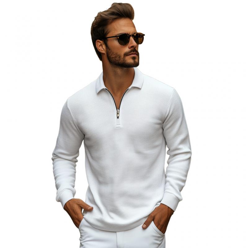 Men's Casual Lapel Waffle Slim Fit Long Sleeve Polo Shirt 98265677M