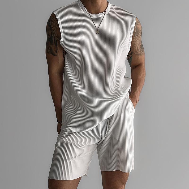 Men's Solid Color Stretch Striped Round Neck Sleeveless Tank Top Shorts Casual Set 39890208Z