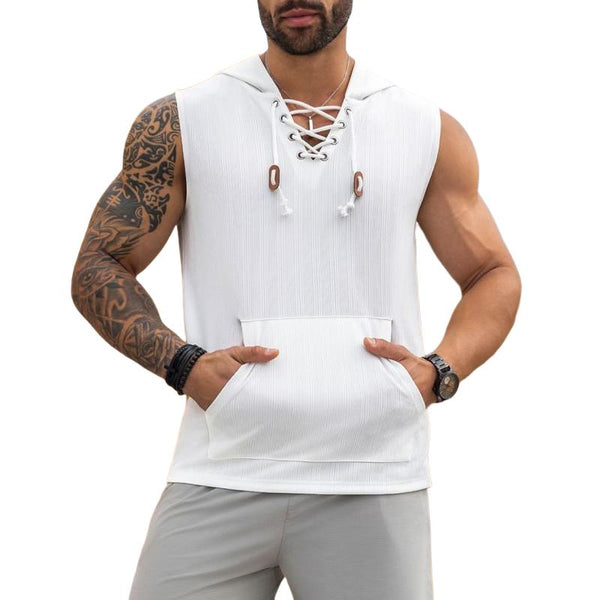 Men's Solid Color Strappy Hooded Kangaroo Pocket Sleeveless Tank Top 58672806Y