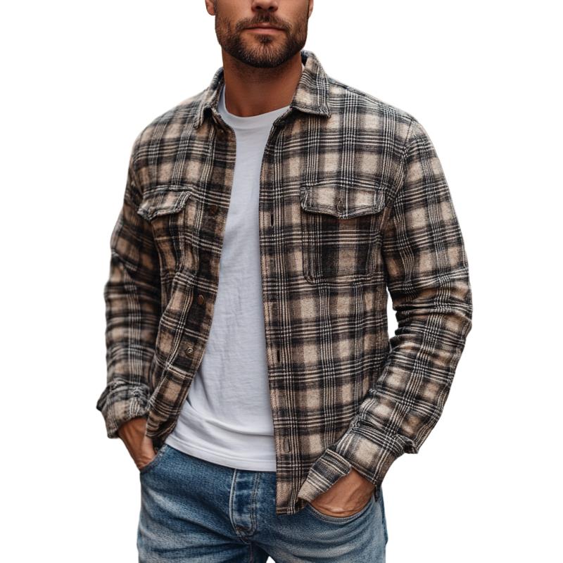 Men's Vintage Plaid Lapel Loose Long Sleeve Shirt 77766642M