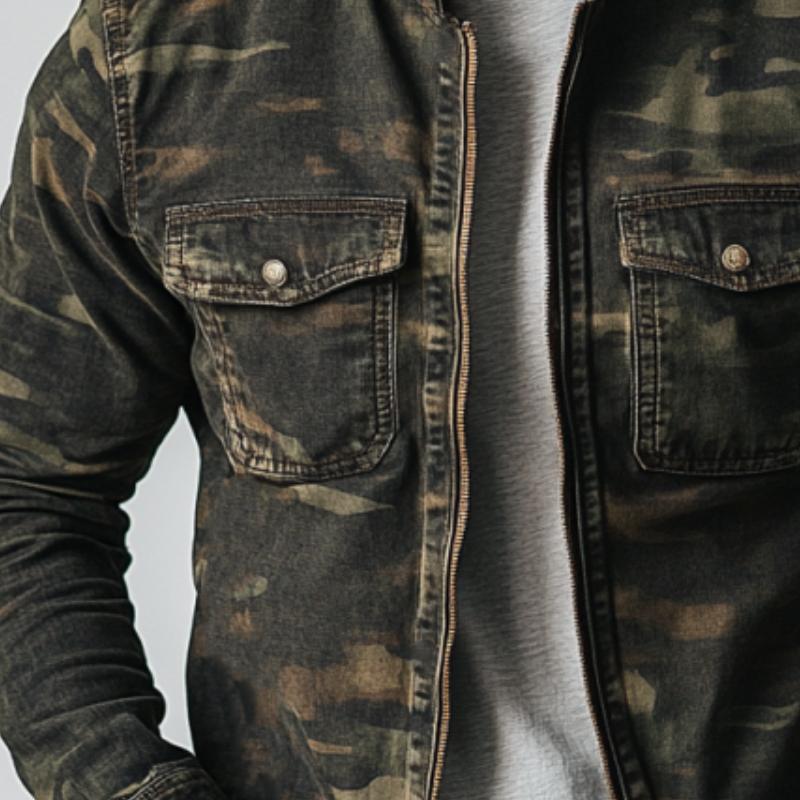 Men's Vintage Washed Camouflage Stand Collar Double Chest Pockets Jacket 72675680Y