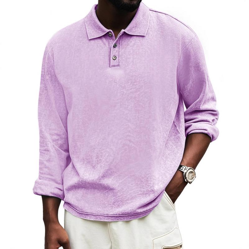 Men's Solid Color Loose Lapel Long Sleeve Polo Shirt 86065007Z