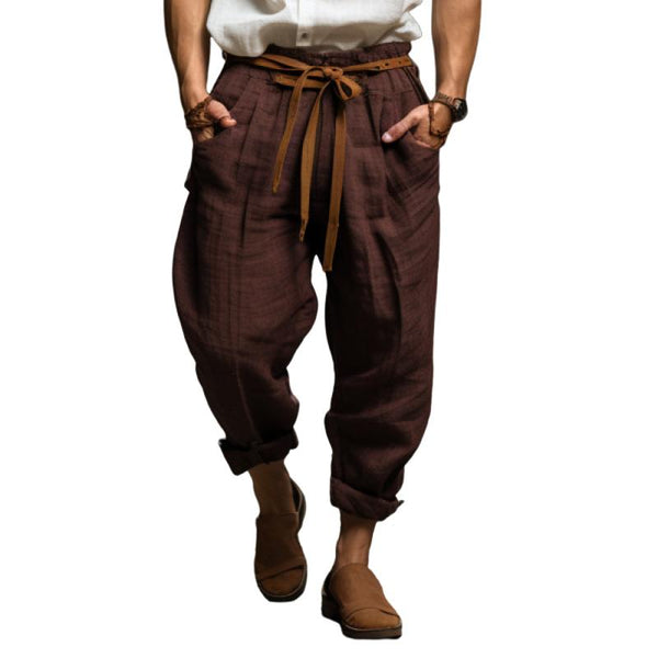 Men's Casual Solid Color Cotton Linen Loose Breathable Elastic Waist Trousers 20761443M