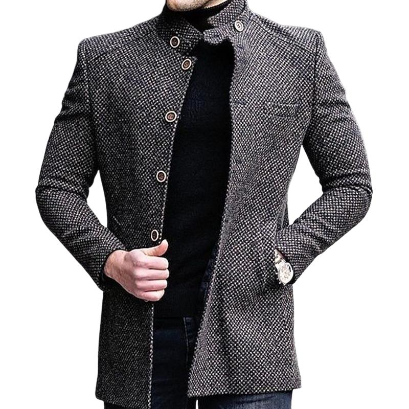 Men's Plaid Stand Collar Button Mid-Length Coat 94128597U