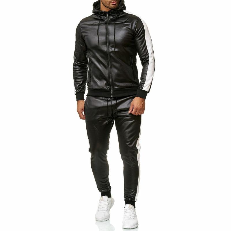 Men's Color Block Leather Hooded Zipper Jacket Trousers Casual Set 53659156Z