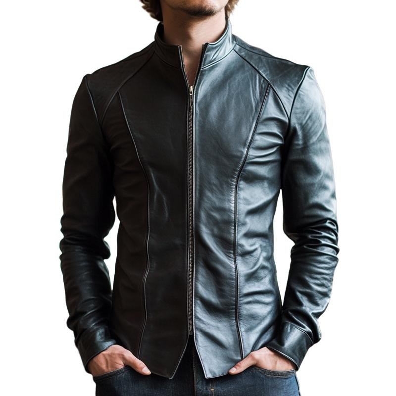 Men's Slim-fit Stand Collar Zip-up Leather Jacket 92007897F