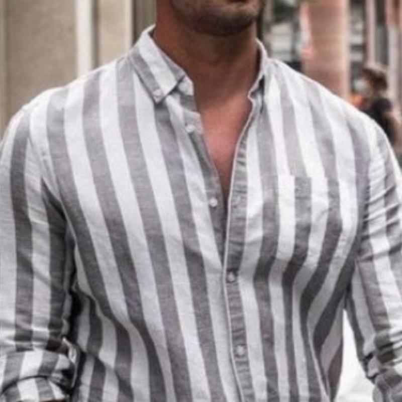 Men's Casual Fashionable Vertical Striped Linen Long-sleeved Shirt 15043015K