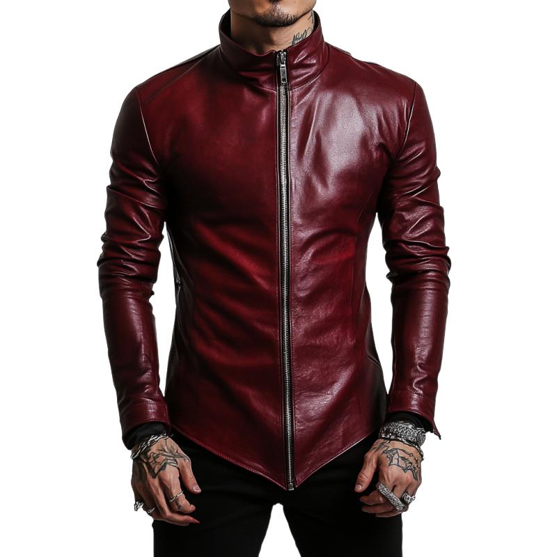 Men's Stylish Casual Stand Collar Slim Fit Leather Jacket 84587076K