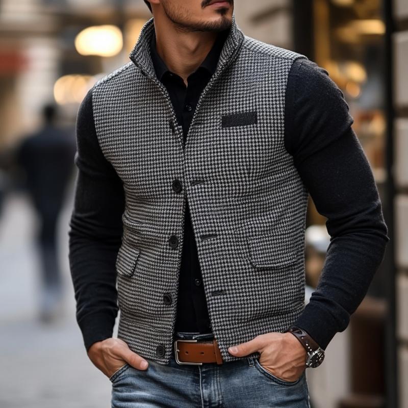 Men's Casual Stand Collar Houndstooth Single Breasted Vest 78854237M