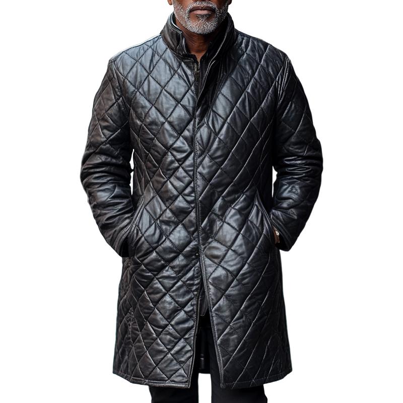 Men's Classic Stand Collar Mid-Length Quilted Zipper Leather Coat 66112061F