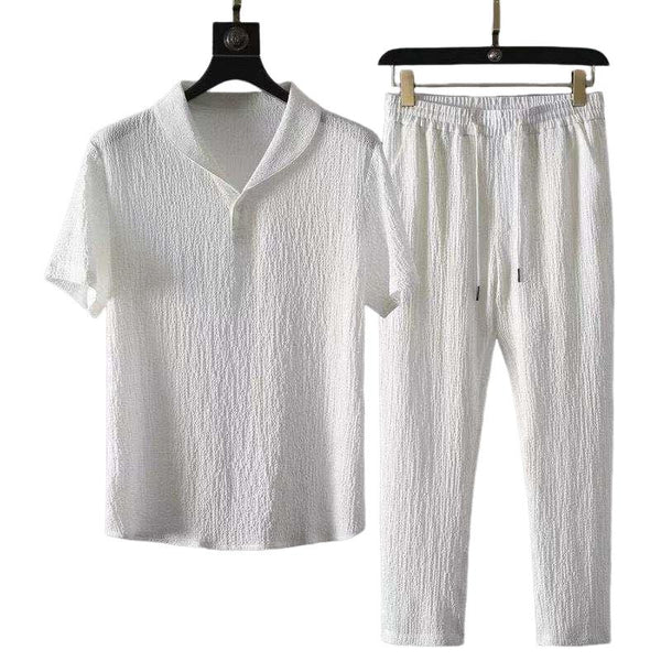 Men's Casual Thin Pleated Short-sleeved Pullover Shirt and Loose Pants Set 03276370M