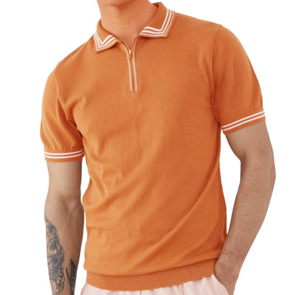 Men's Solid Color Knitted Zipper Lapel Short-Sleeved Polo Shirt 55025278Y