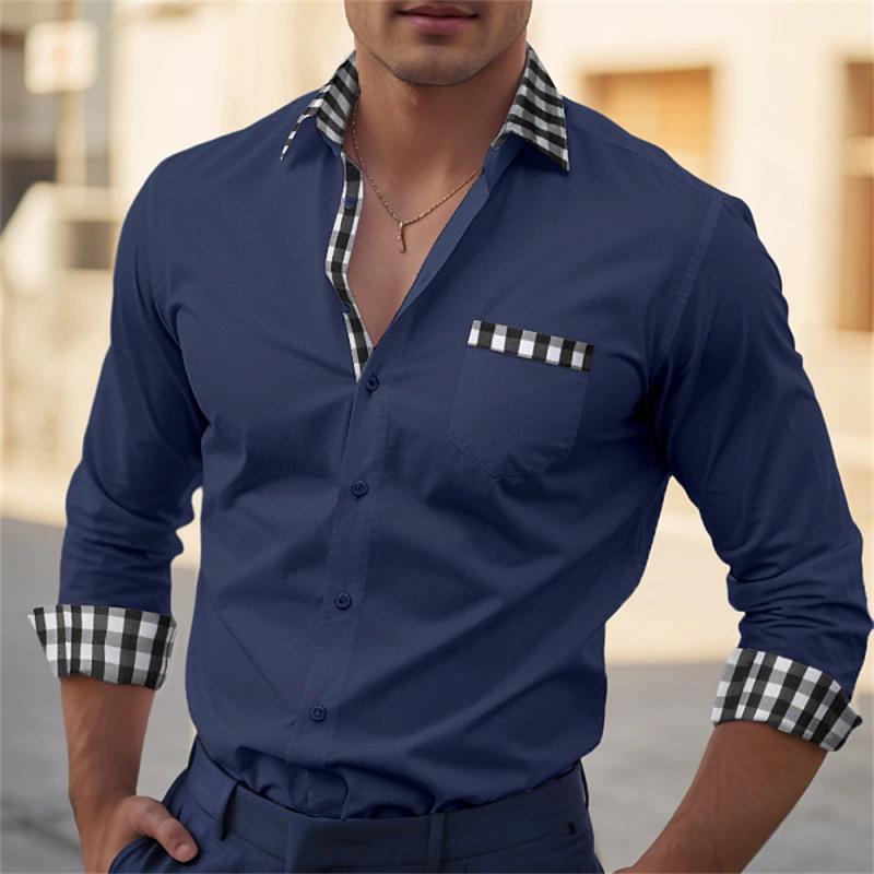 Men's Casual Check Print Lapel Stitching Long Sleeve Shirt 08823326Y