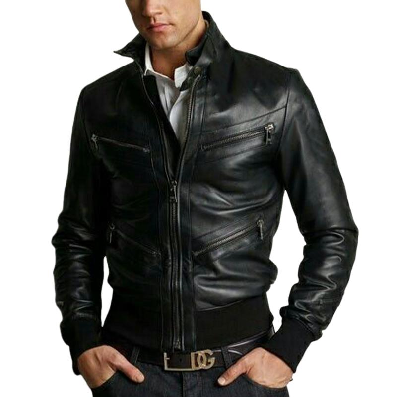 Men's Slim Fit Black Stand Collar Zip-up Leather Jacket 58468927U