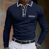 Men's Casual Pique Cotton Lapel Contrast Color Long Sleeve Polo Shirt 49197937M