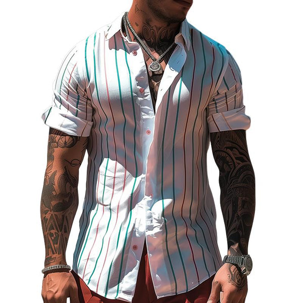 Men's Striped Lapel Short Sleeve Casual Shirt 28568006Z