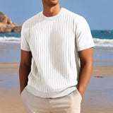 Men's Solid Color Striped Round Neck Short Sleeve Knit T-shirt 09033199Z