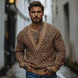 Men's Fashion Leopard Jacquard Deep V Neck Loose Knitted Sweater 33940095M