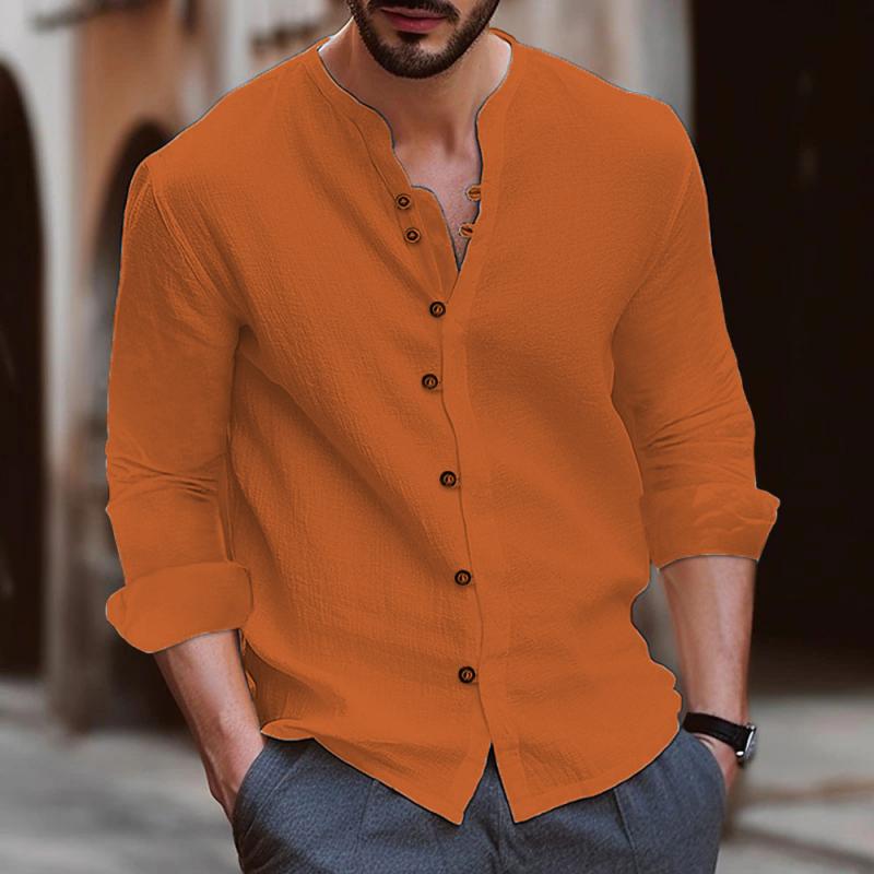 Men's Casual Cotton and Linen Solid Color Long Sleeve Shirt 26552389Y