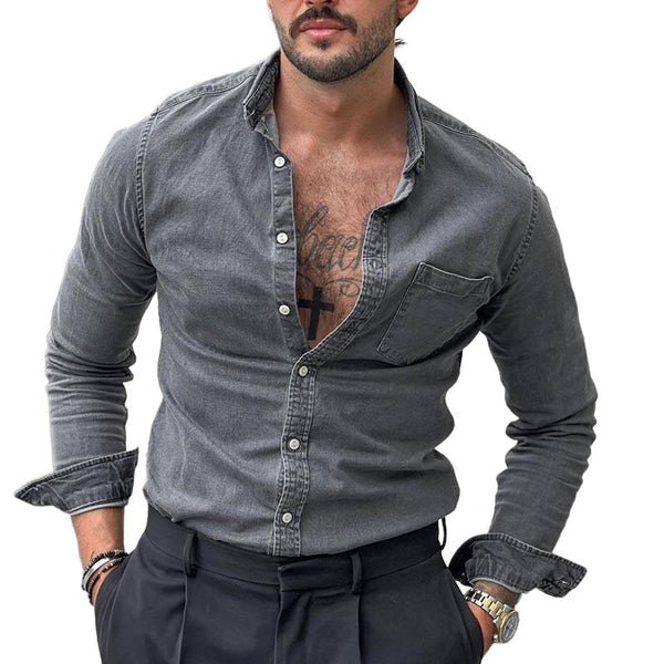 Men's Solid Chest Pocket Denim Long Sleeve Shirt 24368559Y