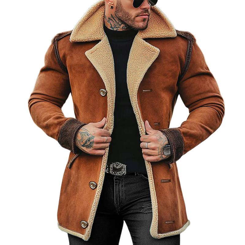 Cappotto casual monopetto da uomo in pelle scamosciata con risvolto, lunghezza media 81141148Z