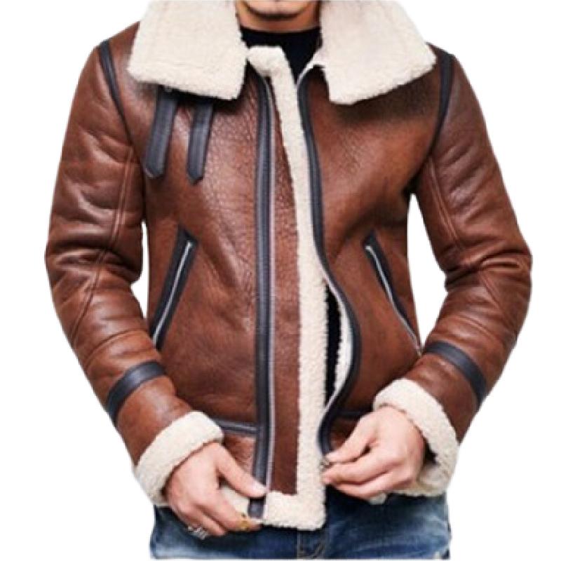 Men's Vintage Lambswool Warm Lapel Zipper Motorcycle Leather Jacket 90000653M