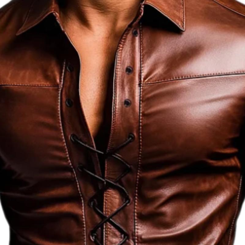 Men's Vintage Lapel Drawstring Leather Shirt 09449619F