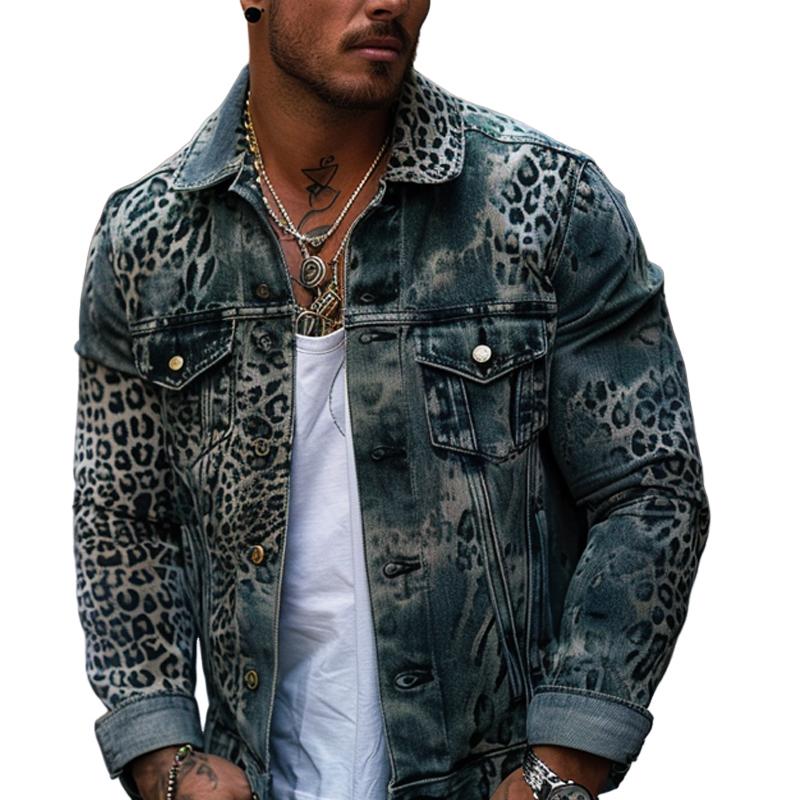 【Envío en 24 horas】Chaqueta vaquera estilo camionero con estampado de leopardo y degradado para hombre 56830735Y