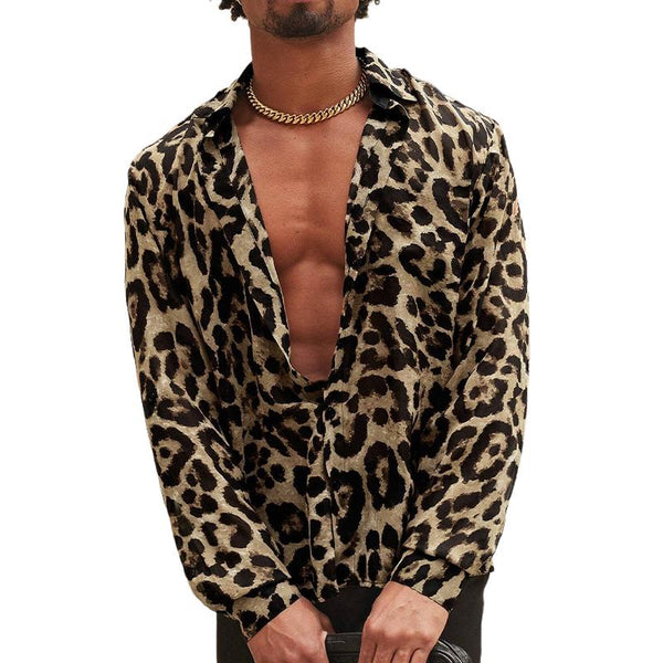 Men's Leopard Print Lapel Long Sleeve Shirt 84241733X