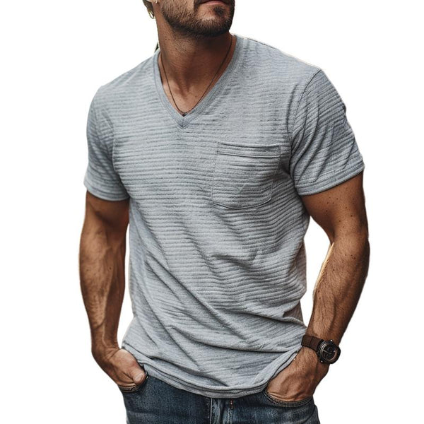Men's Casual Cotton Blended Stripe V Neck Short Sleeve T-Shirt 49941105M